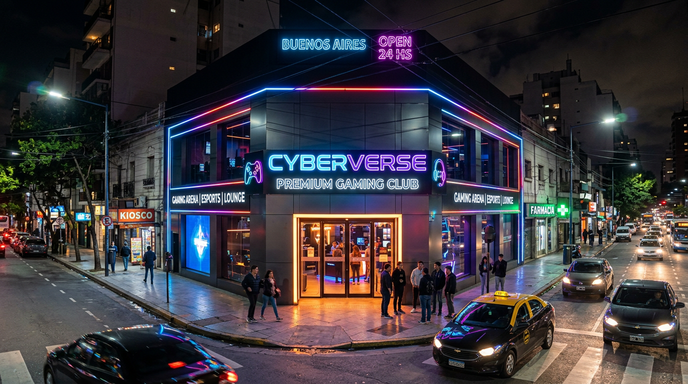 Exterior de PixelVault gaming center Buenos Aires de noche